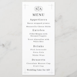 Menu Casamento com Monogramas de cruz e anéis tradicion