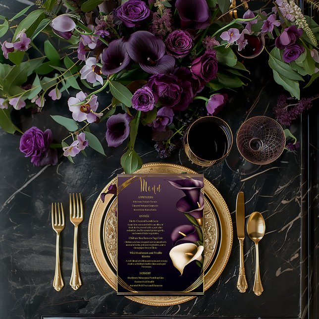Menu Casamento com na moda Violet Purple e Calla Lily D (Stunning Gold and Violet Purple Wedding Menu )