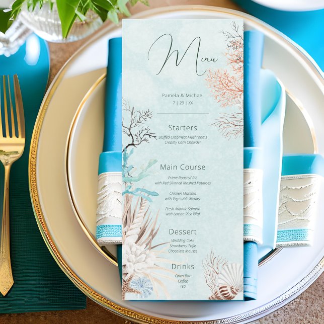 Menu Casamento com o Oceano Aqua Moderno (Modern Aqua Ocean & Shells Wedding Menu)
