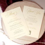Menu Casamento com Obrigado Dourado<br><div class="desc">Este elegante cardápio de natas e casamentos dourados com obrigado no fundo, tamanho 5x7, apresenta caligrafia luxuosa para um toque sofisticado na sua recepção. A parte de trás contém uma nota de agradecimento sincera e um conveniente código QR para os convidados fazerem o upload e compartilharem suas fotos facilmente de...</div>