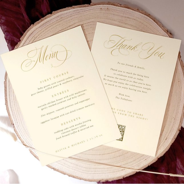 Menu Casamento com Obrigado Dourado (Elegant wedding menu with thank you on the back and qr code to upload photos for photo sharing.)