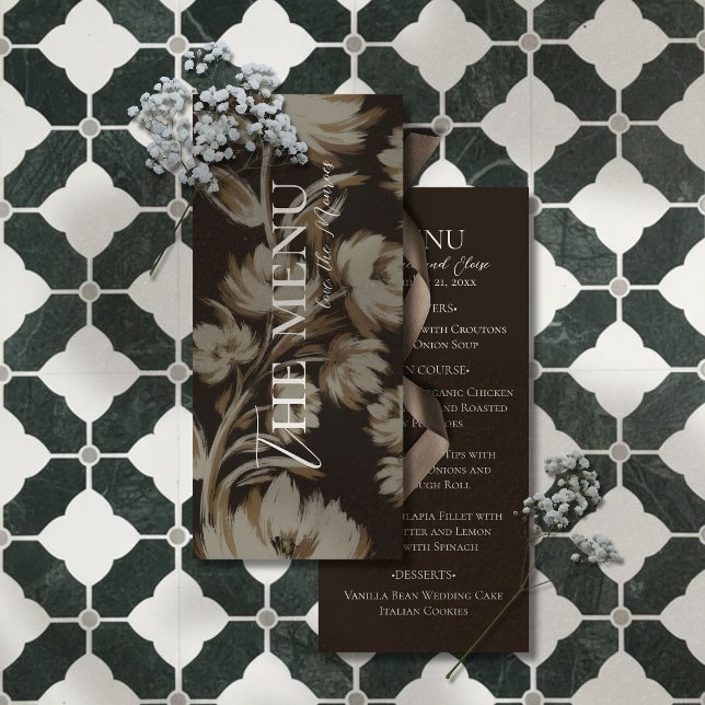 Menu Casamento com Padrão Botânico Marrom Rústico (Elevate your reception table with this Rustic Brown Botanical Pattern Wedding Menu!)