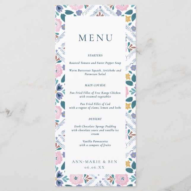 Menu Casamento com padrão floral azul marinho e rosa Gr (Frente)