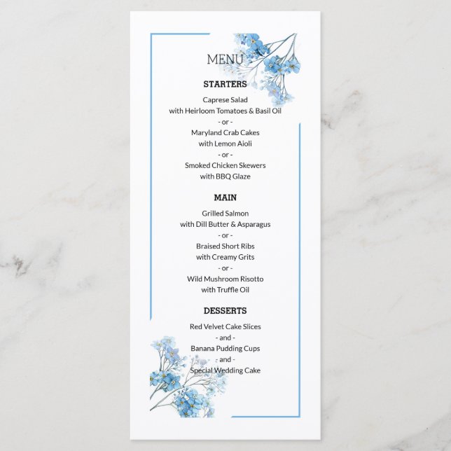 Menu Casamento com padrão floral botânico azul claro (Frente)
