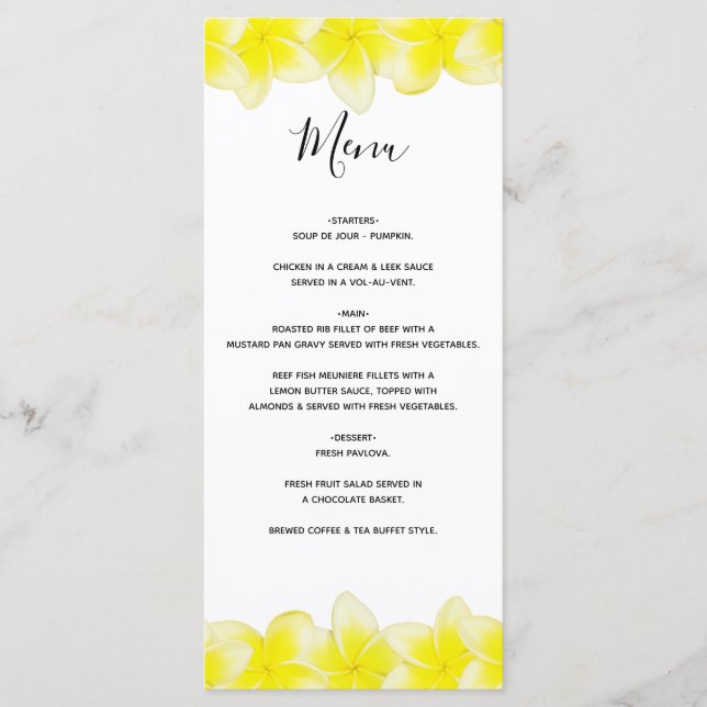 Menu Casamento com Plumeria Frangipani Amarelo (Frente)