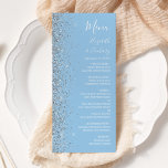 Menu Casamento com relva de prata azul do Pastel modern<br><div class="desc">A borda esquerda deste elegante cardápio moderno de casamento apresenta um design de cintilação. O texto personalizável combina manuscrito branco,  fontes em copperplate e itálico em um fundo azul pastel de bebê. O verso apresenta um design brilhante de azul e prata correspondente.</div>