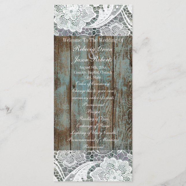 Menu casamento com renda de madeira azul-celeiro do paí (Frente)