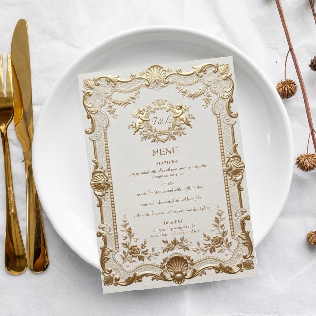 Menu Casamento com Renda Francesa Rococó de Luxo e Eleg (Criador carregado)