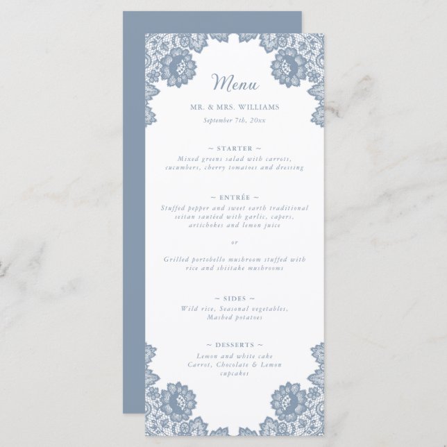 Menu Casamento com rendas azuis e herbáceas (Frente/Verso)