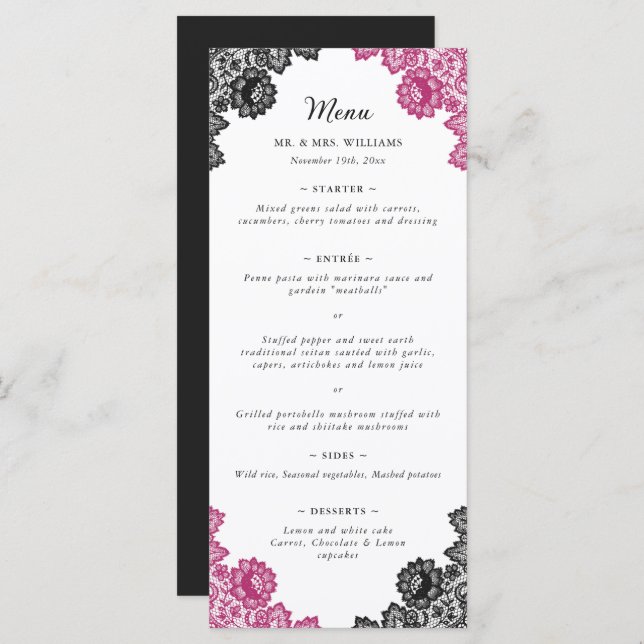Menu Casamento com rendas planas, cor-de-rosa-quente e  (Frente/Verso)