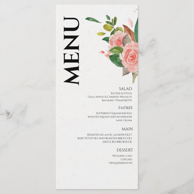 Menu Casamento com rosa de aquarela e folhagem (Frente)