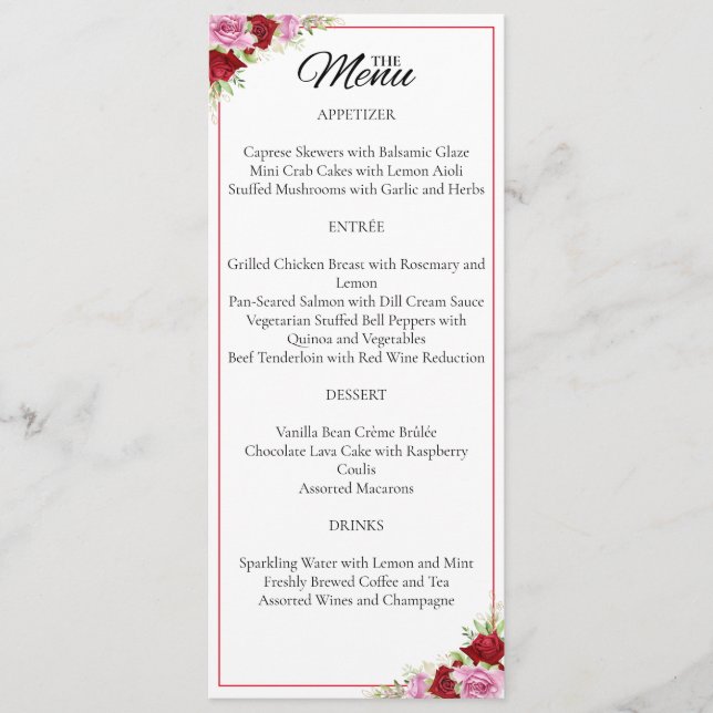 Menu Casamento com Rosa de Aquarela Floral (Frente)