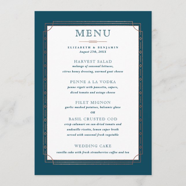 Menu Casamento com Rosa de Ouro do Teal Dark Modern Vin (Frente)