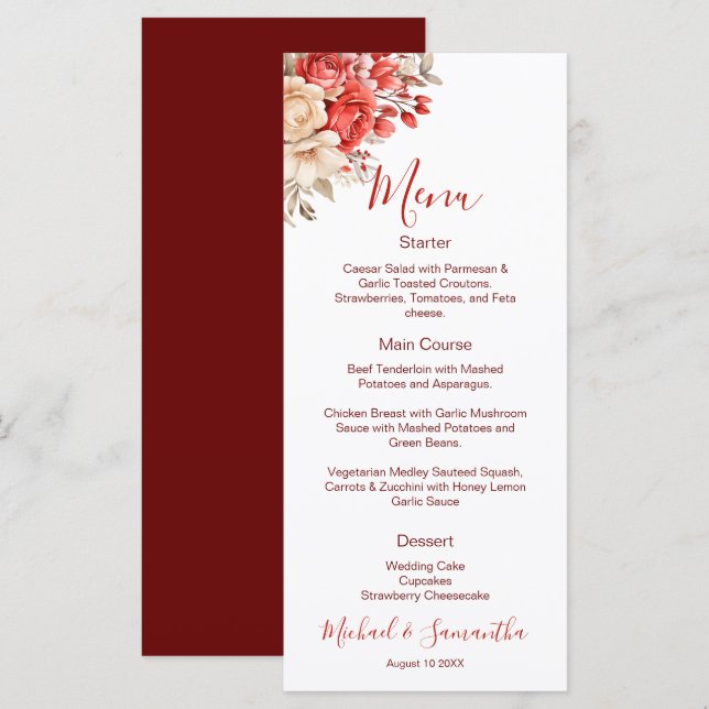 Menu Casamento com Rosa Vermelha e Marfim Elegantes (Frente/Verso)