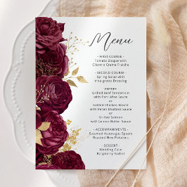 Menu Casamento com Rótulo Floral em Dourado e Borgonha
