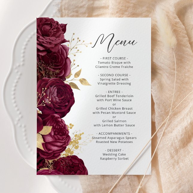 Menu Casamento com Rótulo Floral em Dourado e Borgonha (Criador carregado)