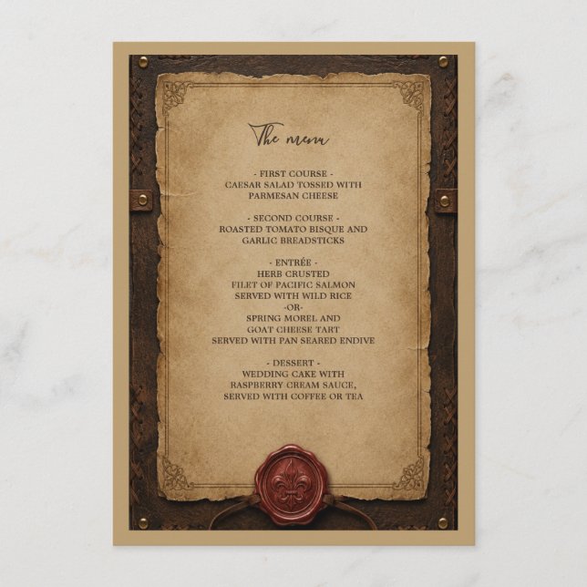 Menu Casamento com Selo de Cera de Couro Rústico Mediev (Frente)