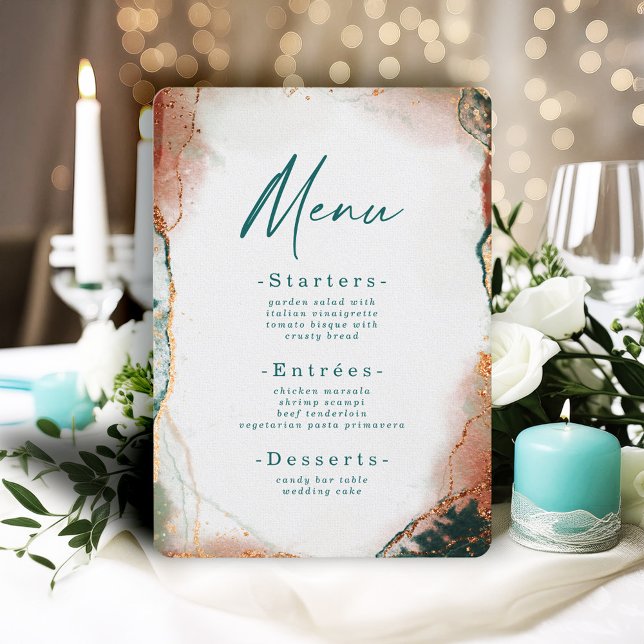 Menu Casamento com Teal e Cobre de Abstrato Moderno (Modern Teal and Copper Wedding Reception Menu)