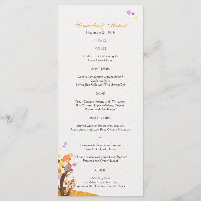 Menu Casamento com Tema Árvore Artístico (Frente)
