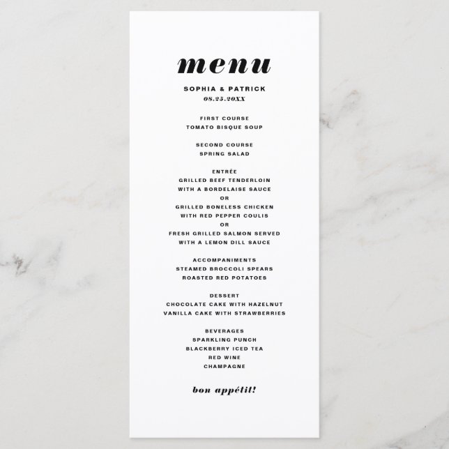Menu Casamento com Tipografia Itálico Negrito e Branco (Frente)
