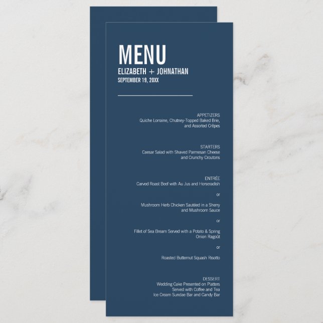 Menu Casamento com Tipografia Simples de Marinho (Frente/Verso)