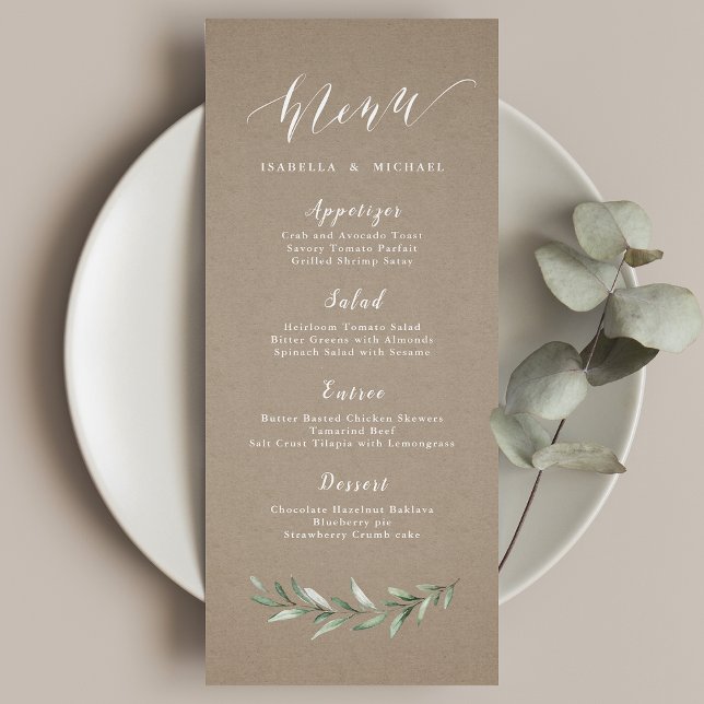 Menu Casamento com vegetação rústica da caligrafia simp (Kraft Simple calligraphy rustic greenery wedding Menu)