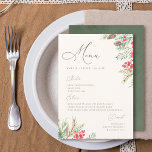 Menu Casamento com vegetação verde de inverno por Water<br><div class="desc">Aprecie as papilas do seu hóspede com o nosso menu de casamento. Contra um fundo bege calcinante,  verde-água de inverno,  bagas sagradas,  cones de pinheiro e quadro foliar elegante e tipografia serif.</div>