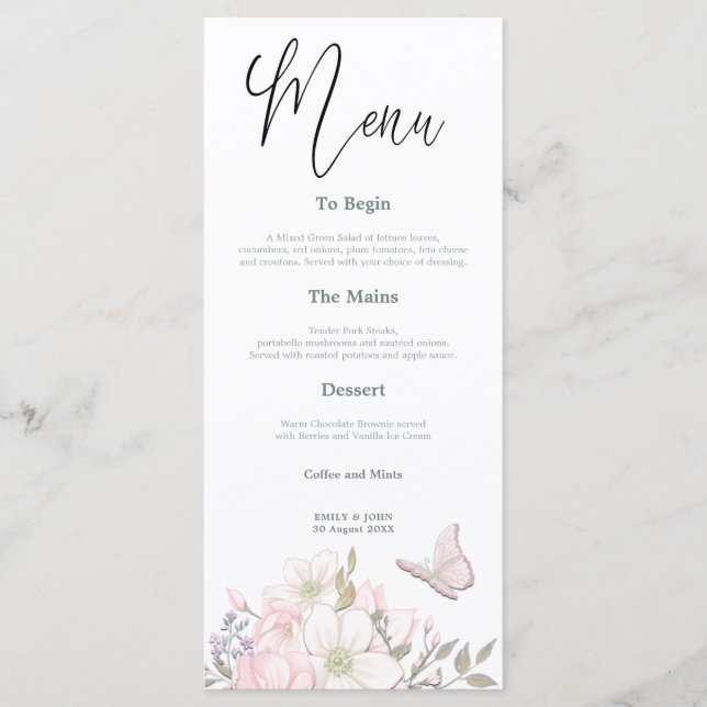 Menu Casamento com Watercolor Magnolias Butterfly Scrip (Frente)