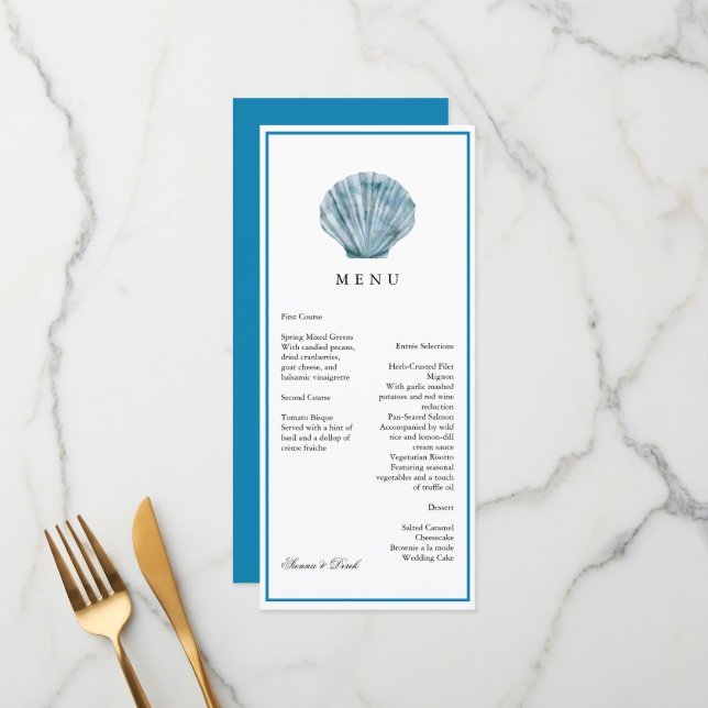 Menu Casamento Concha Única Azul Turquesa Vintage (Frente/Verso In Situ)