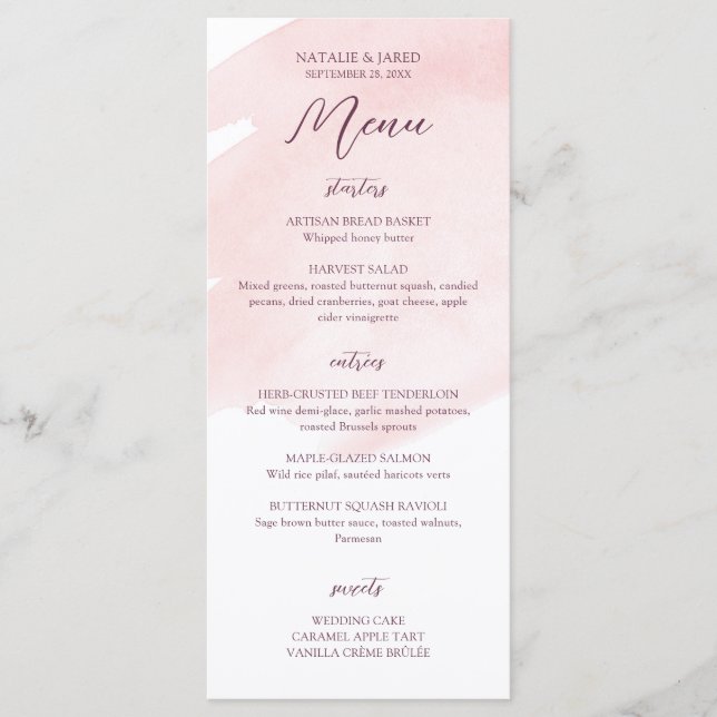 Menu Casamento Cor d'Água Cor Rosa Esbranquiçada (Frente)