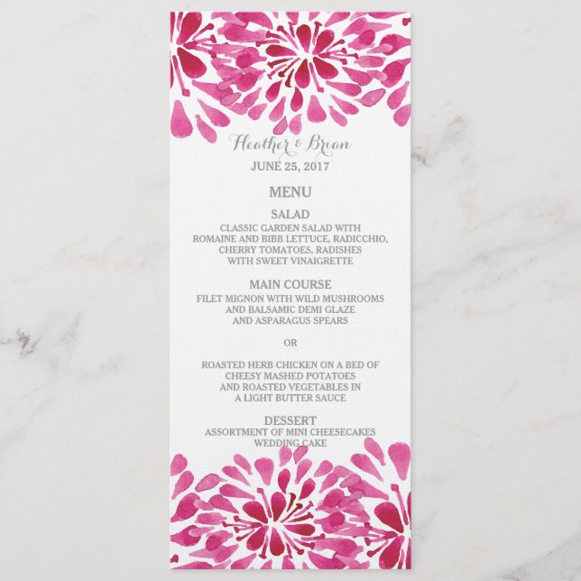 Menu Casamento Cor de Água Rosa Chrysanthemum (Frente)