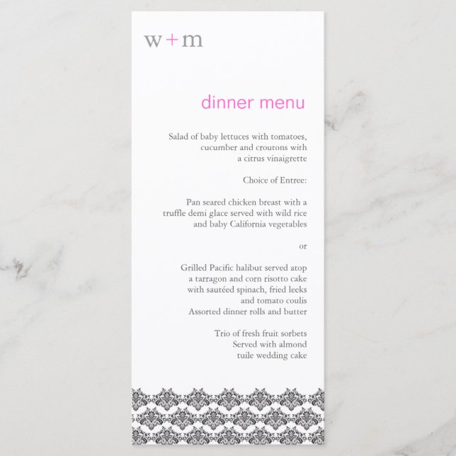 Menu Casamento Cor-de-Rosa da Cinza Damask Simplic (Frente)