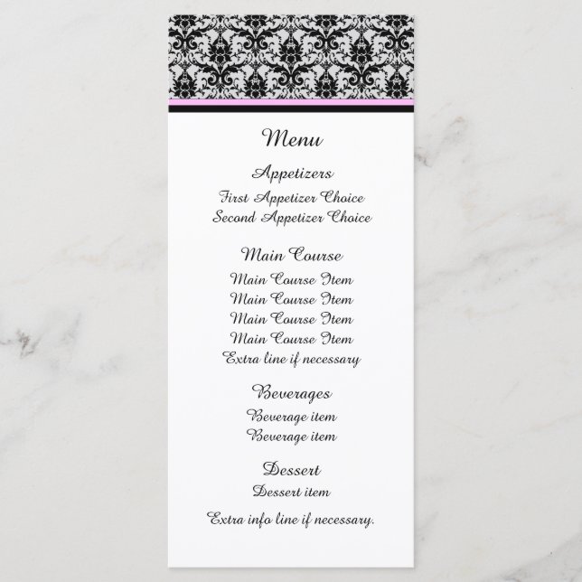 Menu Casamento Cor-de-Rosa Damasco Preto (Frente)