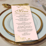 Menu Casamento Cor-de-rosa - Ouro Elegante Curls & Swir<br><div class="desc">Este belo menu irá adicionar algum estilo à sua recepção de casamento. Apresenta um belo design com caracóis de folha fina e ornamentado e espirais num fundo cor-de-rosa pálido e pincelado. Há espaço para os nomes do casal e da data do casamento,  e o texto é totalmente personalizável.</div>