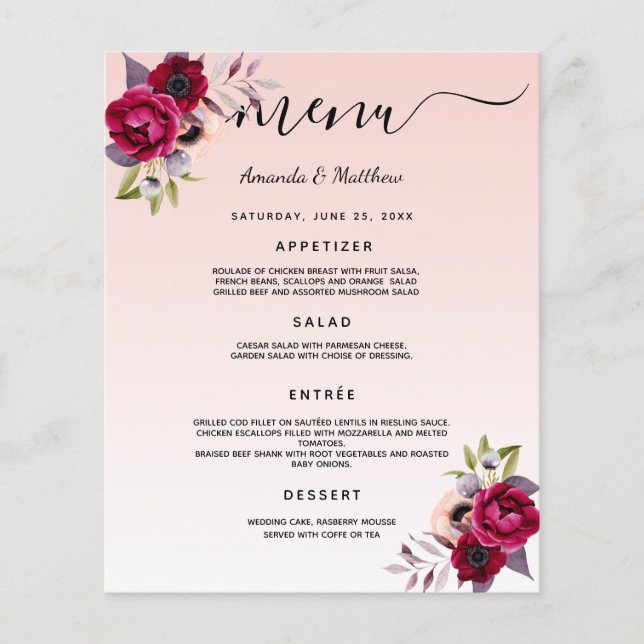 Menu Casamento cor-de-rosa rosa rosa rosa-rosa flo (Frente)