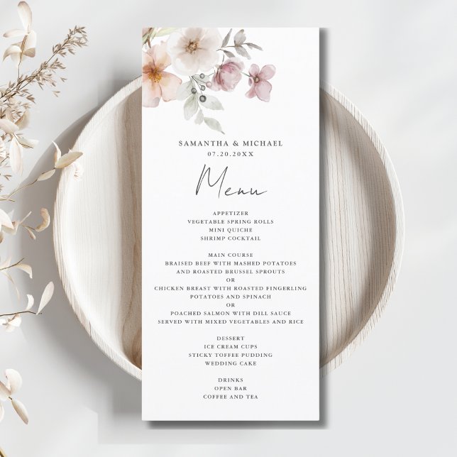 Menu Casamento Cor Flórida Floral Rosa Esbranquiçada (Criador carregado)