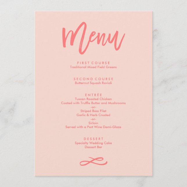Menu Casamento Coral com Letra Chic Mão (Frente)