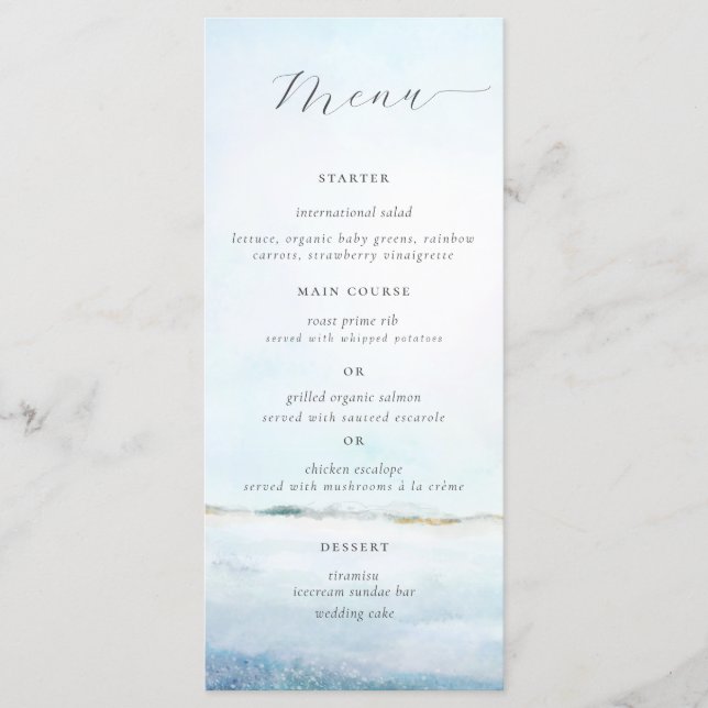Menu Casamento Costeiro Elegante Simples Watercolor Bea (Frente)