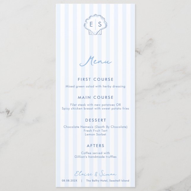 Menu Casamento Costeiro Monograma Azul e Branco Concha (Frente)
