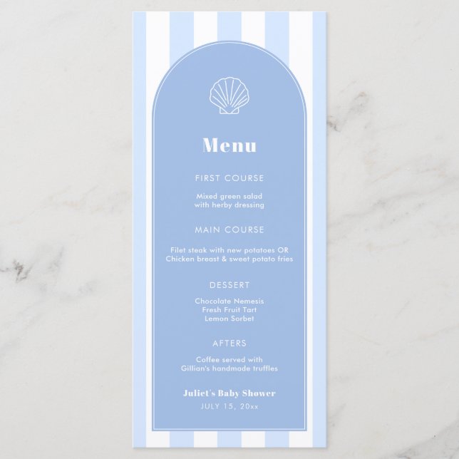 Menu Casamento Costeiro Simples Azul e Branco de Concha (Frente)