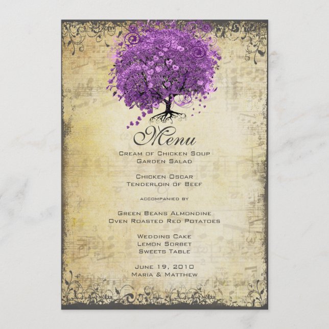 Menu Casamento da Árvore de Folha de Coração Roxo Radia (Frente)