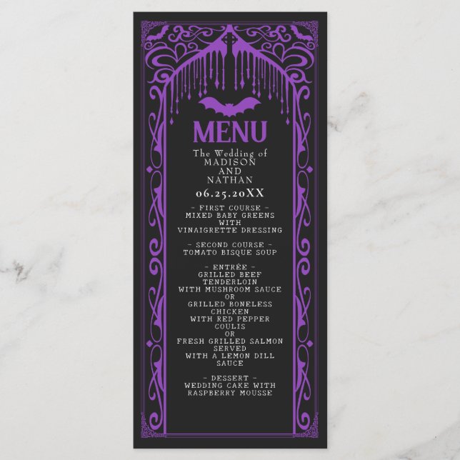 Menu Casamento da Catedral de Vampiro Gótico Roxo (Frente)