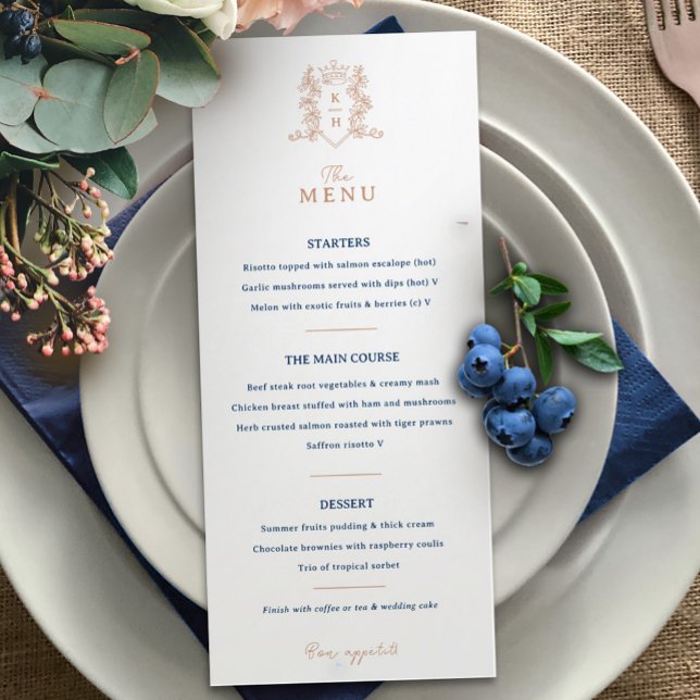 Menu Casamento da crista azul da copa azul-rosa branca  (Criador carregado)