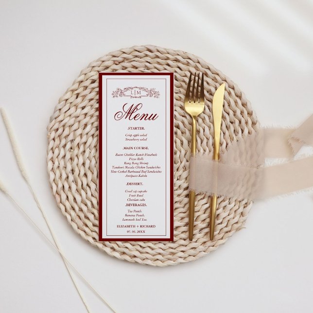 Menu Casamento da crista botânica Elegante Burgundy (Criador carregado)