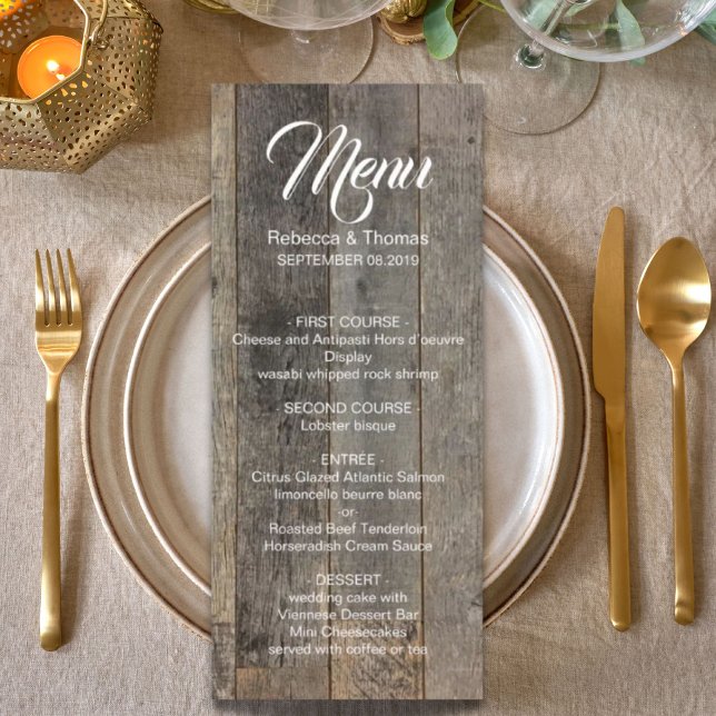 Menu casamento da farinha de madeira do país russo ocid (rustic western country woodgrain barn wedding menu)