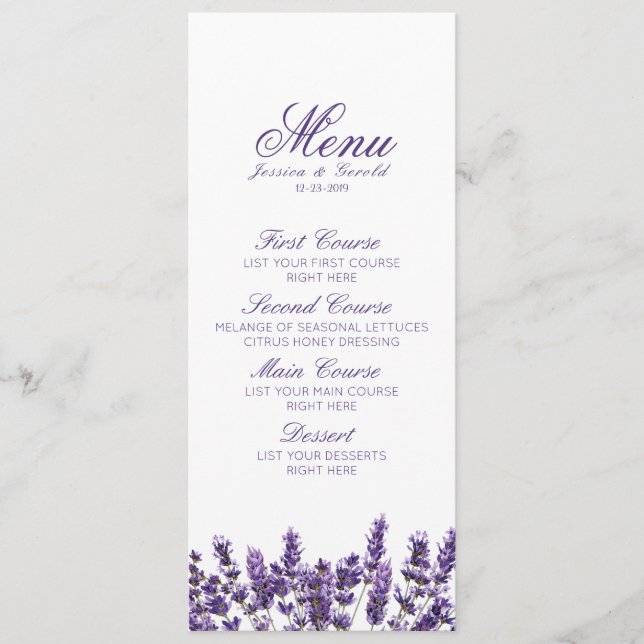 Menu Casamento da Flor Lilática com Lavanda Roxa (Frente)