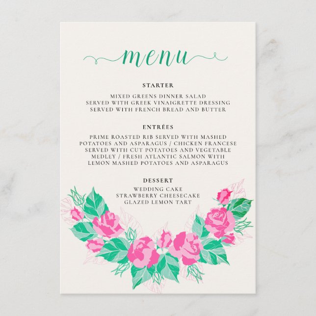 Menu Casamento das flores de Rosa verde rosa (Frente)