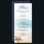 Menu Casamento de Abstrato de Praia de Starfish<br><div class="desc">O menu de casamento do tema costeiro apresenta uma praia de abstrato com cor d'água com ondas oceânicas turquesas tropicais, areia dourada e concha de estrelas. A fonte do script de estilo clássico está em azul marinho náutico para coordenar com o lado inverso. Personalize com seus nomes, data do casamento...</div>
