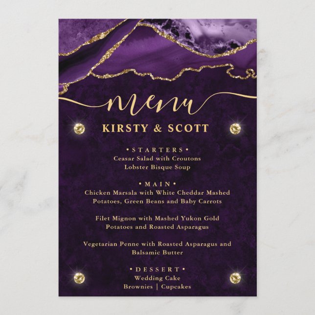 Menu Casamento de Ágata Brilhante Roxo e Dourado (Frente)