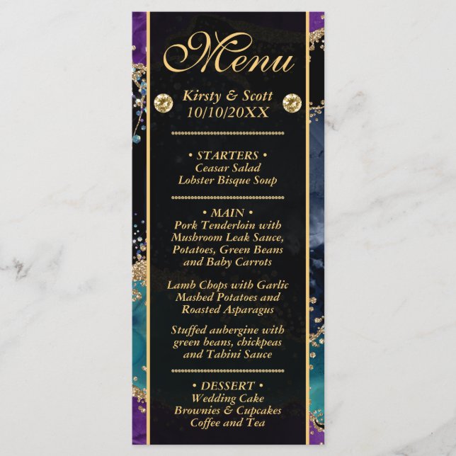 Menu Casamento de Ágata Brilho Dourado Roxo Azul Teal (Frente)